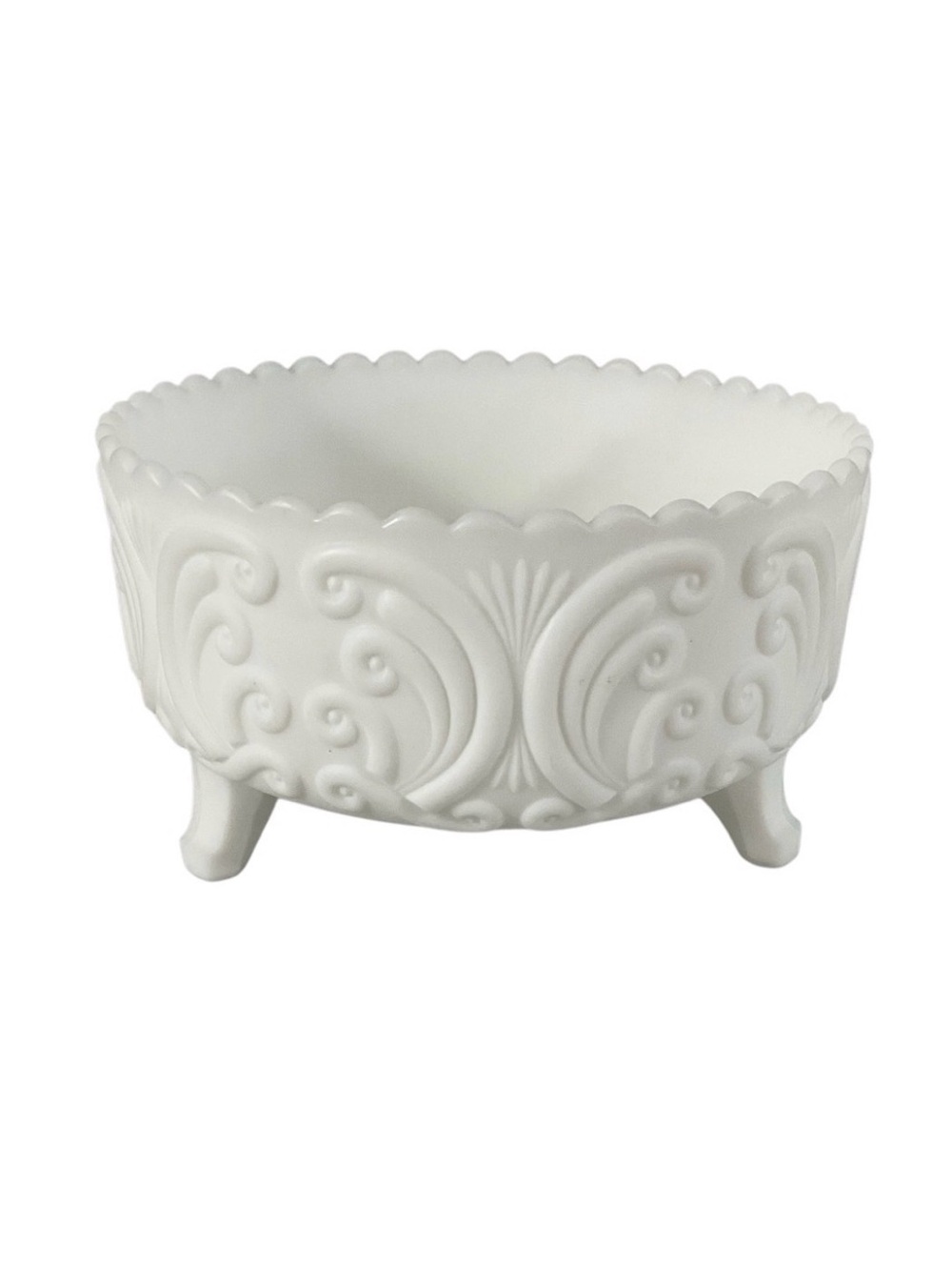 Vintage Imperial Glass Scroll Milk Glass 3 Footed Scalloped Bowl 7”